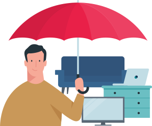  Mann schützt mit Regenschirm Mobiliar und technische Geräte
