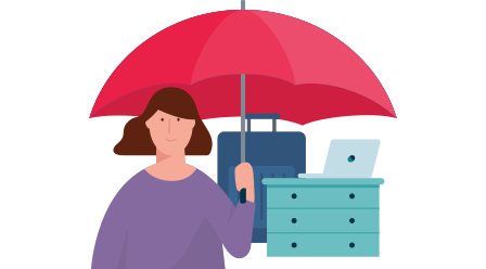 Allianz - Privat Haftplichtversicherung - Mietsachschäden Illustration: Frau steht mit Regenschirm vor Möbelstücken