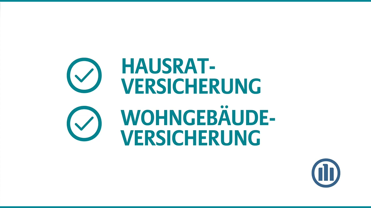 Texttafel mit zwei Bulletpoints mit einem Check-Haken. 1. Bulletpoint: Hausratversicherung, 2. Bulletpoint: Wohngebäudeversicherung