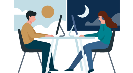 Allianz - Illustration: Zwei Menschen sitzen tagsüber und nachts am Schreibtisch
