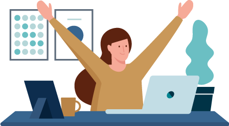 Illustration - Eine Frau sitzt an einem Schreibtisch am Laptop und streckt vor Freude ihre beiden Arme in die Luft.. 