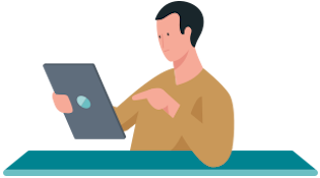 Illustration - Ein Mann sitzt an einem Schreibtisch und hält ein Tablet in der Hand.