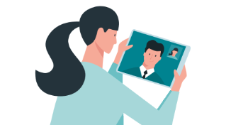 Allianz - Illustration Frau kommuniziert übers Tablet mit ihrem Berater