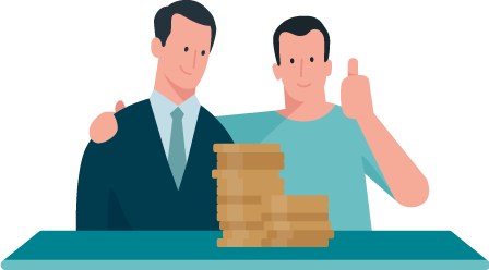 Illustration - Zwei Männer stehen vor einem Tisch mit Geld und recken den Daumen.
