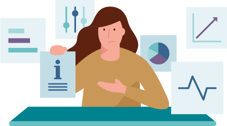 Allianz - Berufsunfähigkeitsversicherung Depressionen Illustration Gut zu wissen: Frau hält ein Schild mit einem I in die Luft und zeigt darauf