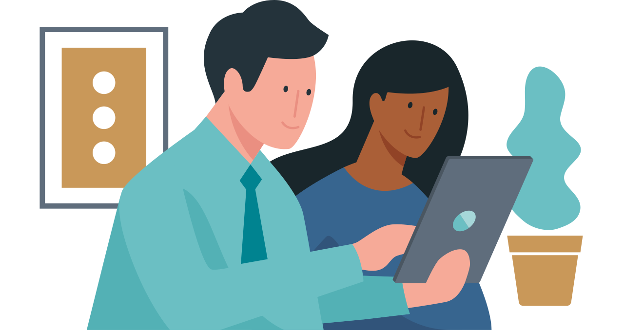 Illustration - Ein Mann und eine Frau sehen gemeinsam in ein Tablet, während der Mann etwas erklärt.