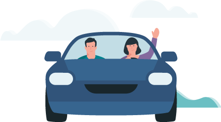 Allianz - KinderPolice Rechner - Illustration: Ein Mann und eine Frau fahren in einem Auto und winken.