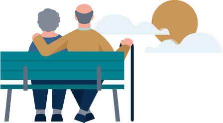 Allianz - KinderPolice Rechner - Illustration: Ein Renterpaar sitzt gemeinsam auf einer Bank und blickt in einen Sonnenuntergang.