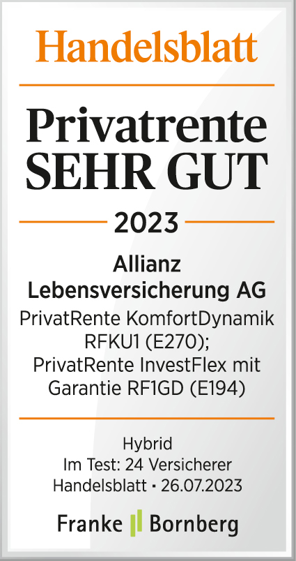 Testsiegel: Handelsblatt Bewertung sehr gut Allianz Privatrente, 27.07.2022