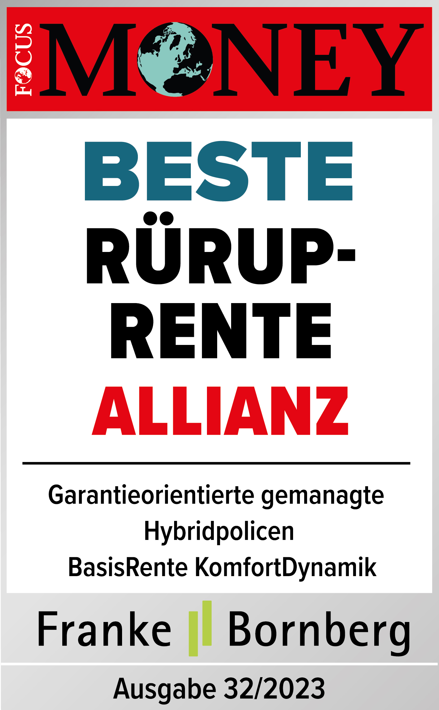 Testsiegel: Focus Money Allianz Beste Rürup-Rente, Ausgabe 32/2023 