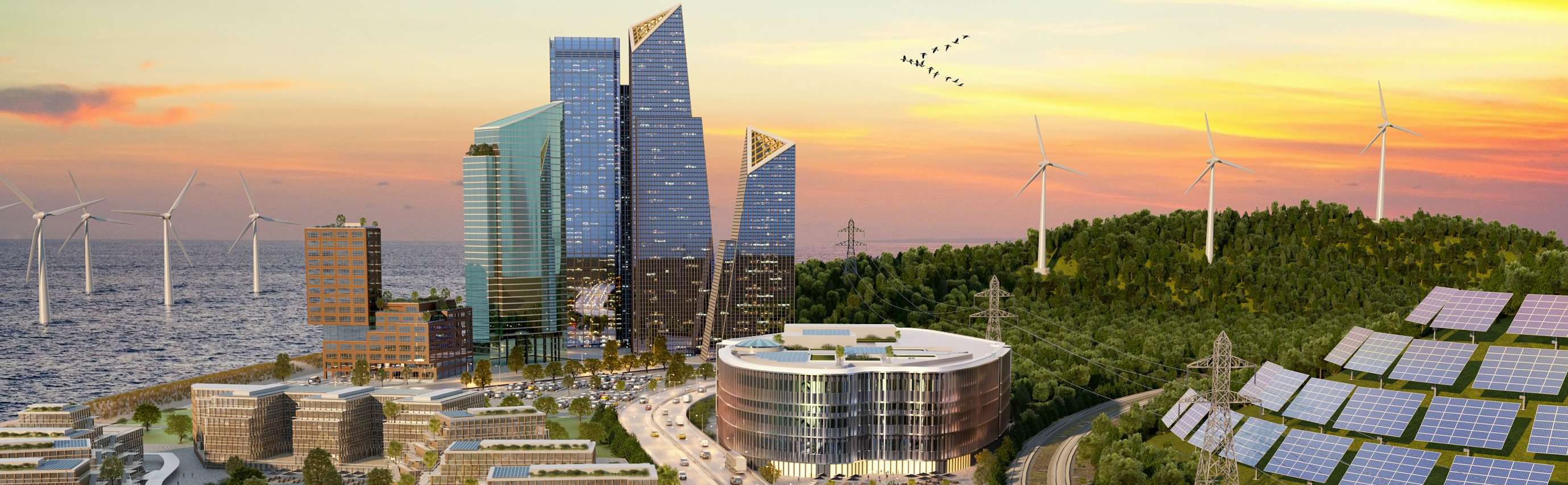 Allianz PrivateFinancePolice - Starke Werte im Portfolio: Eine nachhaltige Stadtlandschaft bei Sonnenuntergang mit modernen Gebäuden, Windrädern, Solarpanelen, einer Bahnstrecke und einer stark befahrenen Straße. Die Architektur verbindet urbane Entwicklung mit erneuerbaren Energien und grünen Flächen.