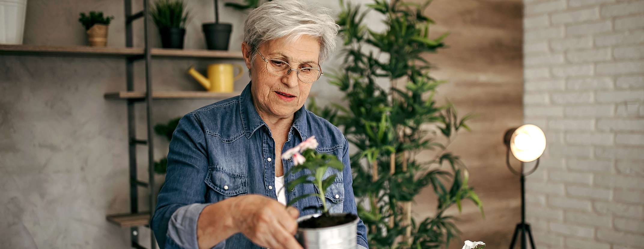 Allianz - Vorsorge - Rente aufstocken: Eine ältere Frau in einer Gärtnerei topft eine Blume um.