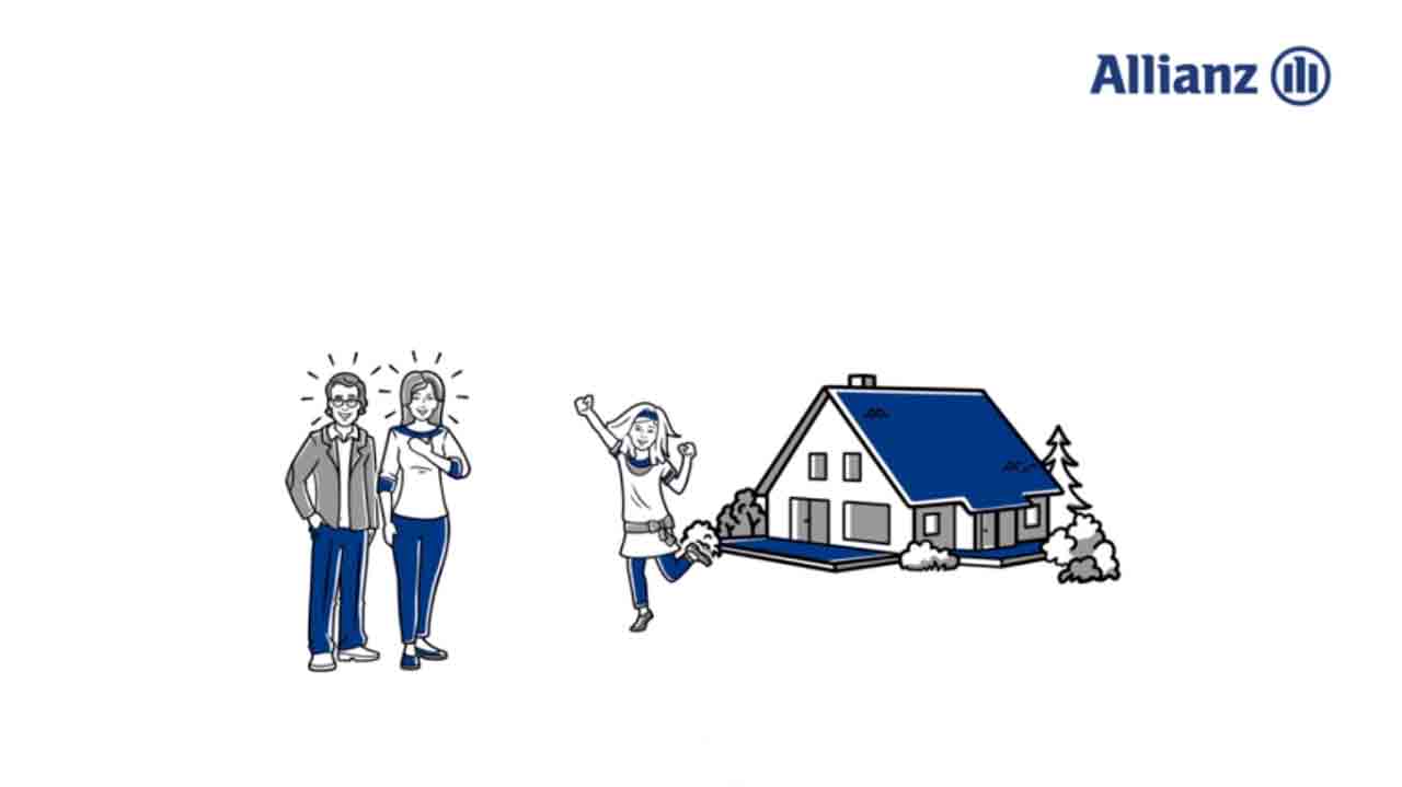 Allianz - Illustration: Junge Familie vor Haus