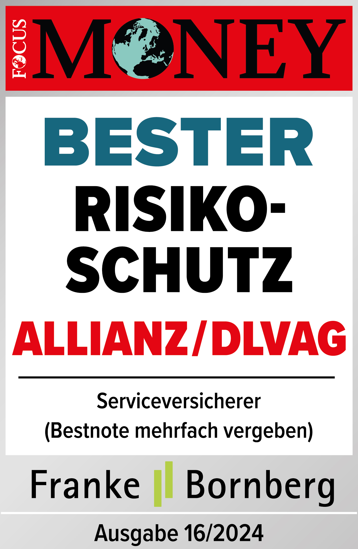 Testsiegel: Allianz Focus Money Bester Risikoschutz Ausgabe 16/2023