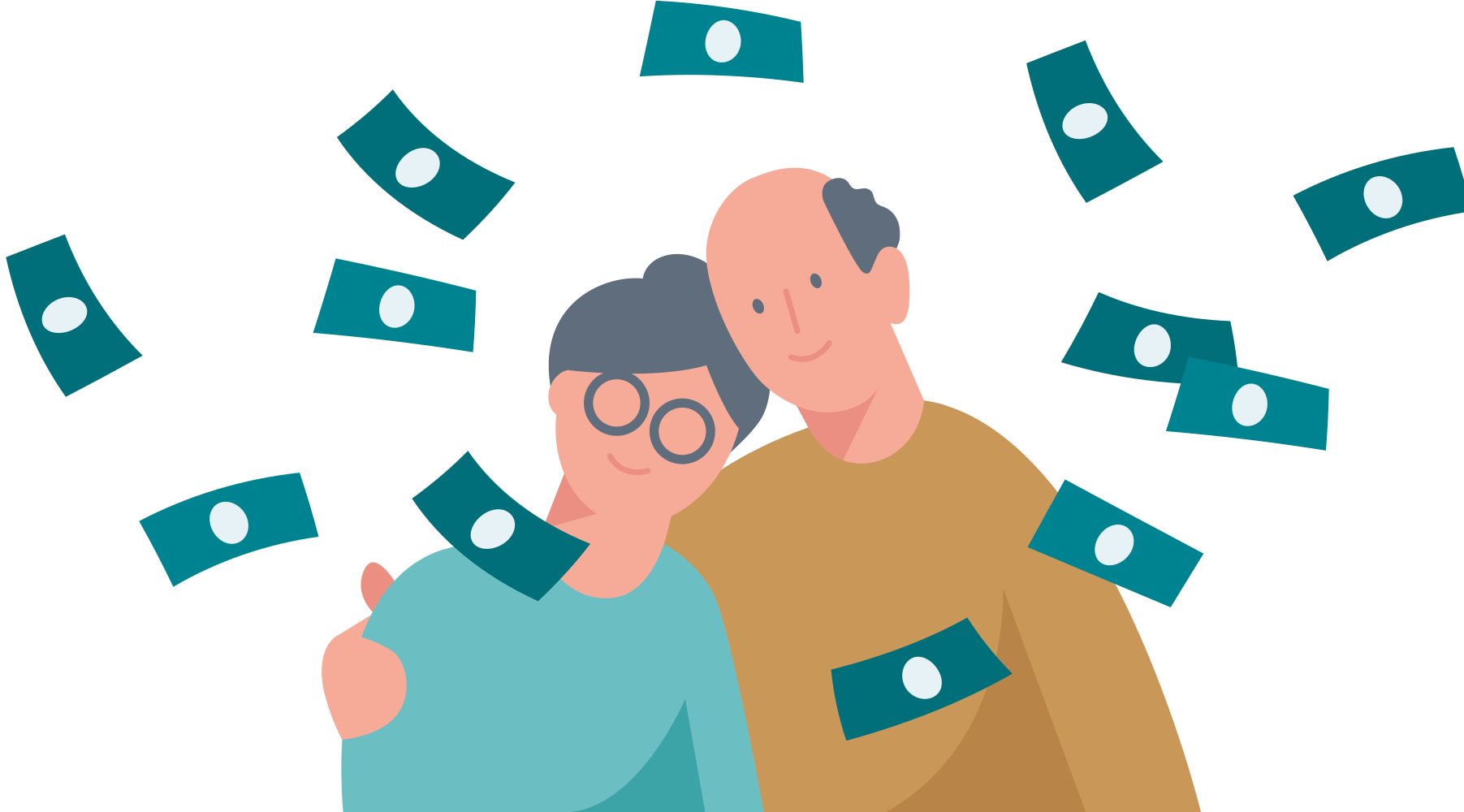Allianz - Illustration älteres Paar im Geldscheinregen