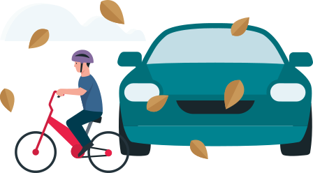  Illustration: Junge fährt mit seinem Fahrrad vors Auto während fallendes Laub die Sicht behindert