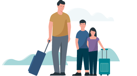  Illustration: Familie startet mit Koffern in den Urlaub