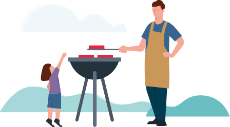 Illustration: Vater grillt Fleisch auf einem Grill, kleine Tochter greift nach dem Grill
